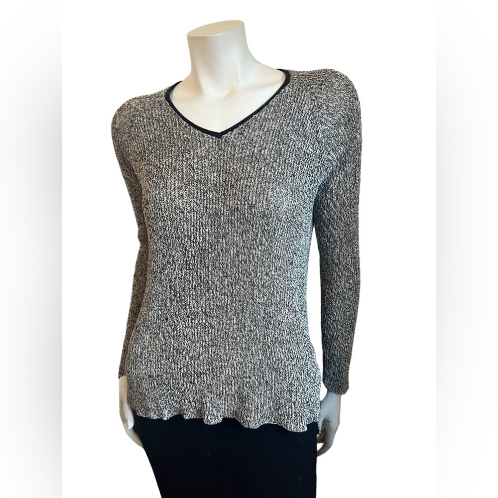 Eileen Fisher Knit Marled V Neck Sweater Black White Organic Linen Wool Small